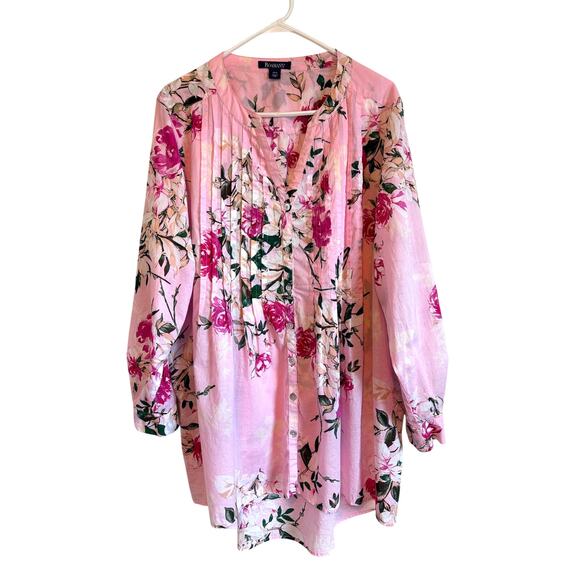 Roaman's Tops - Roaman's Pink Floral Big Shirt Button Up Tunic Lightweight Pintuck Cotton 20w